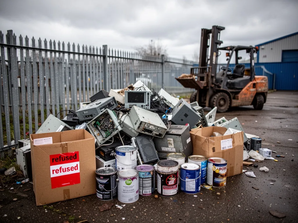 A pile of electronic waste and paint cans left outside a fenced area, a red 'refused' sticker on a cardboard box, cloudy