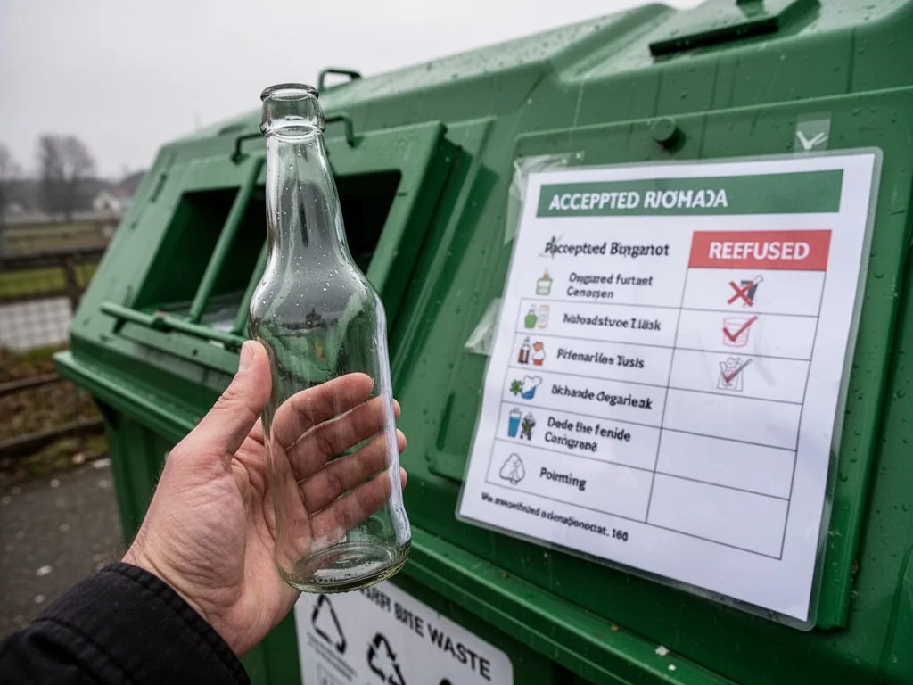 A hand holding a clear glass bottle near a green sorting bin, a laminated checklist of accepted and refused waste types 