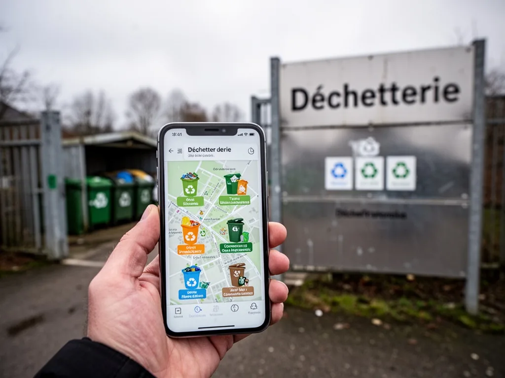 A hand holding a smartphone displaying a waste sorting map, blurred recycling center entrance and metal sign reading 'Dé