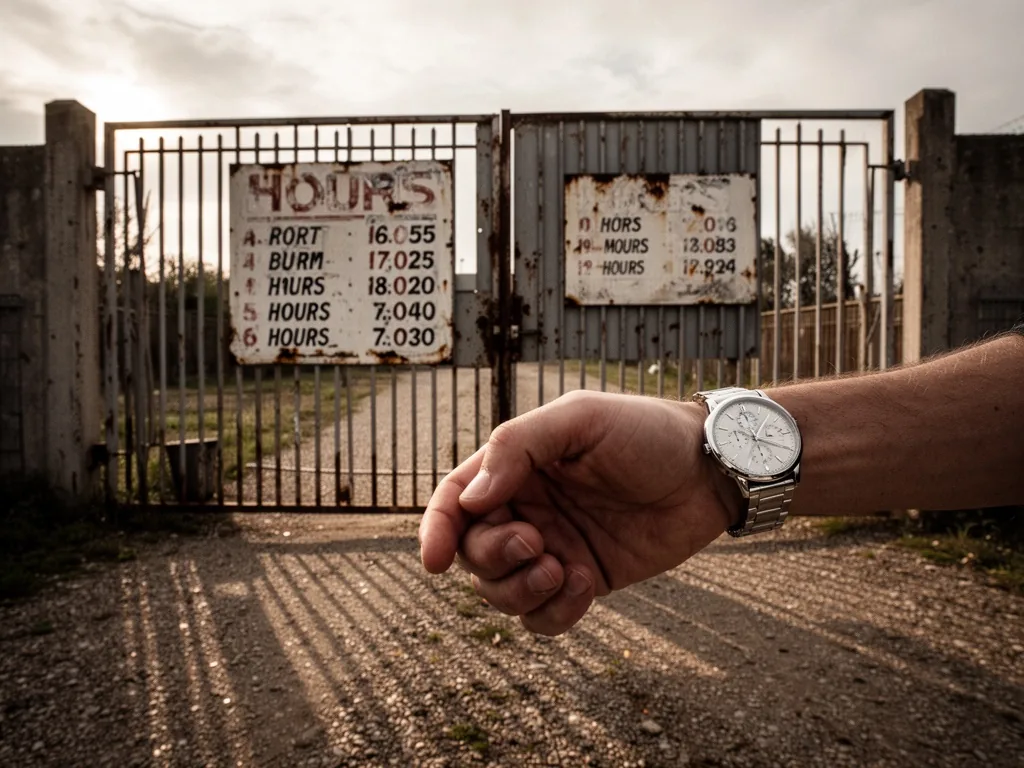 A large weathered metal gate with a faded hours sign, a hand checking a silver wristwatch, late afternoon shadows stretc