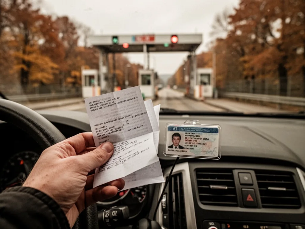 A driver's hand holding a folded paper and a plastic ID card near a car dashboard, blurred entrance booth and autumn tre