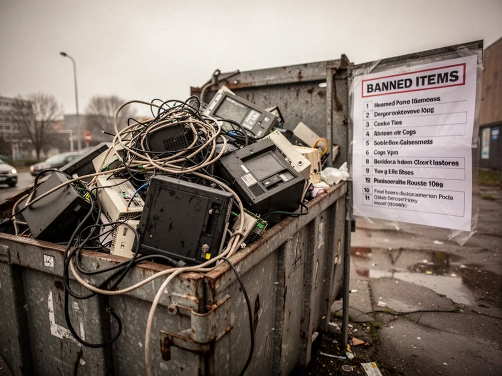 An overflowing metal container with tangled cables and old electronics beside a posted list of banned items, grey sky, d