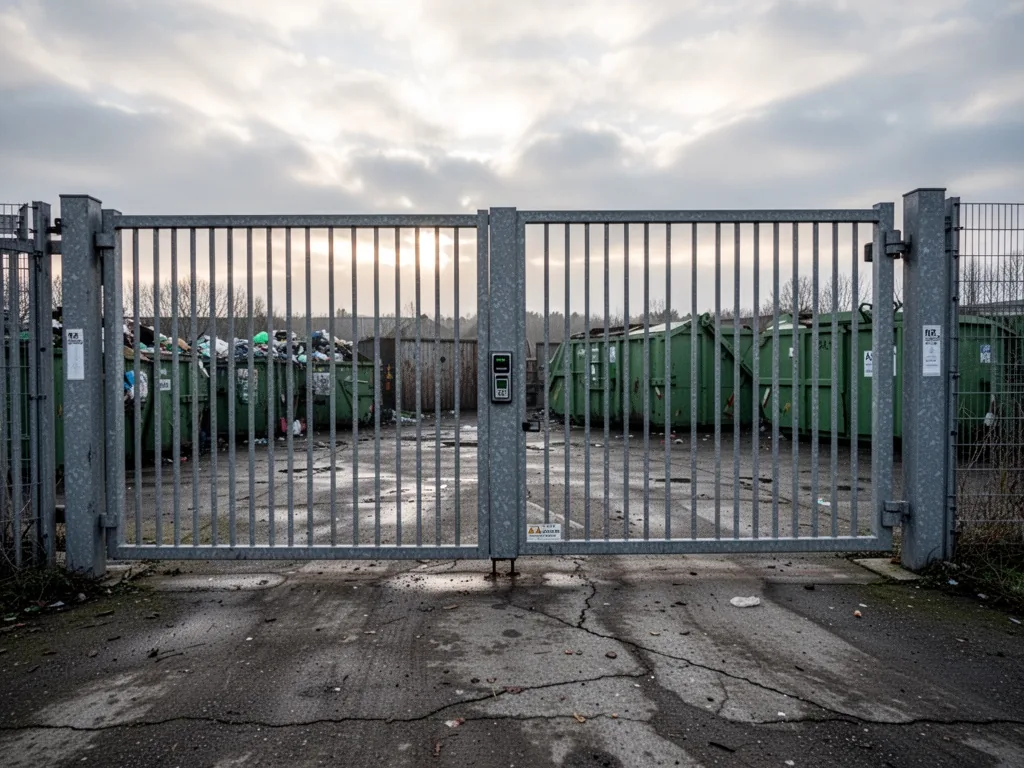 A grey metal gate with a card reader at a waste disposal site entrance, morning light through light clouds, worn concret