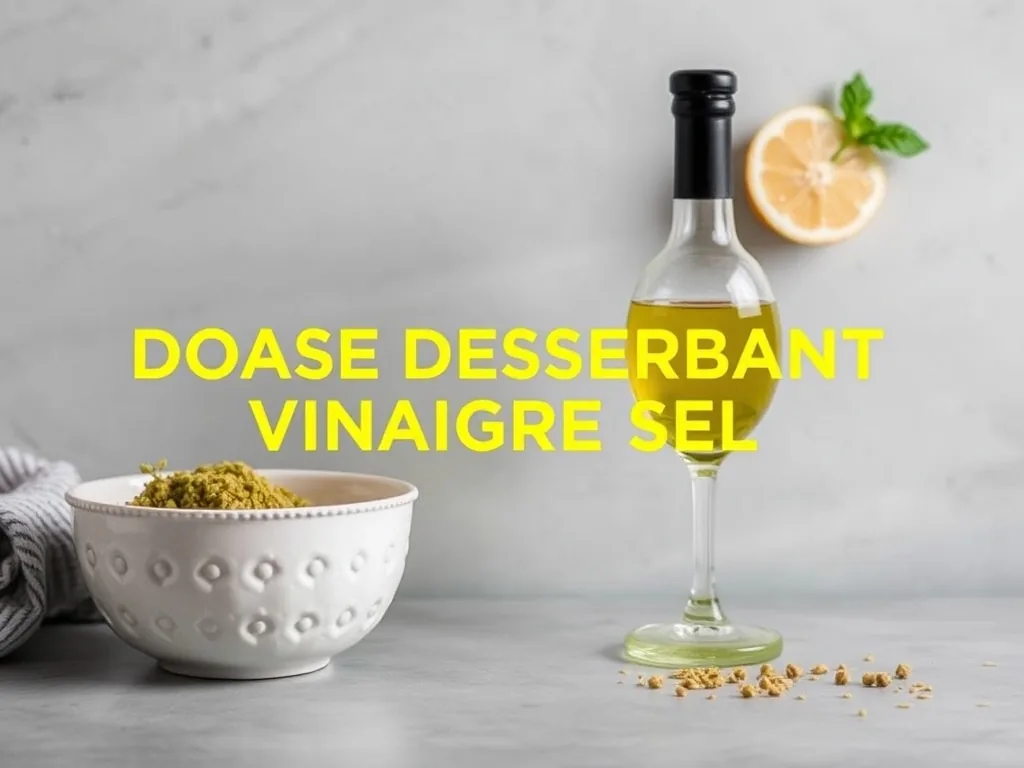 Bidon de vinaigre blanc, sel et liquide vaisselle posés à côté d’un pulvérisateur sur une allée gravillonnée de ferme