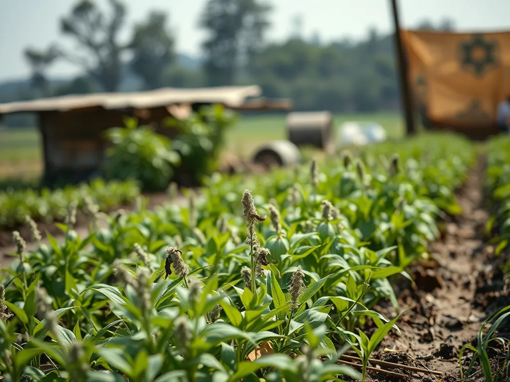 Bidon de glyphosate, calculatrice posée sur une table à côté d'un tableau de conversion imprimé