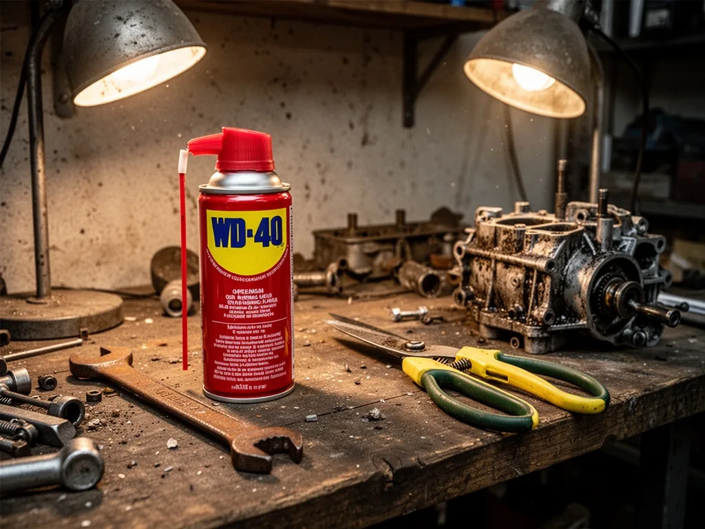 A red-and-yellow WD-40 spray can on a cluttered wooden workbench in a dusty garage, next to a rusty wrench, a squeaky ga