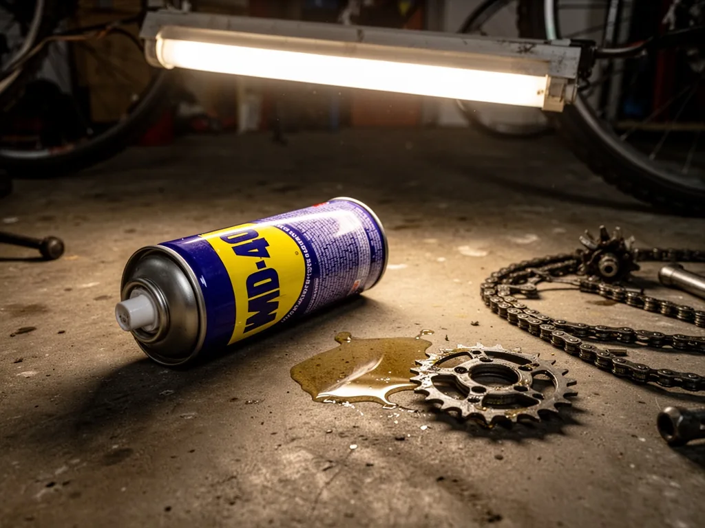 A WD-40 can lying sideways on a concrete garage floor, a small puddle of liquid near a disassembled bicycle chain and a