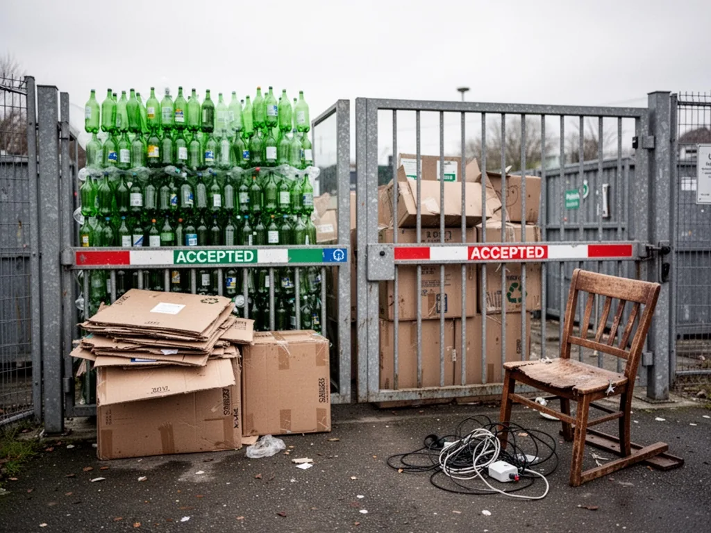 A recycling center barrier gate with stacked green glass bottles and flattened cardboard boxes on the accepted side, a b