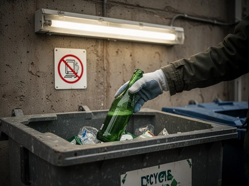 A gloved hand placing a green glass bottle into a recycling bin, a small sign with a crossed-out electronics symbol, ind