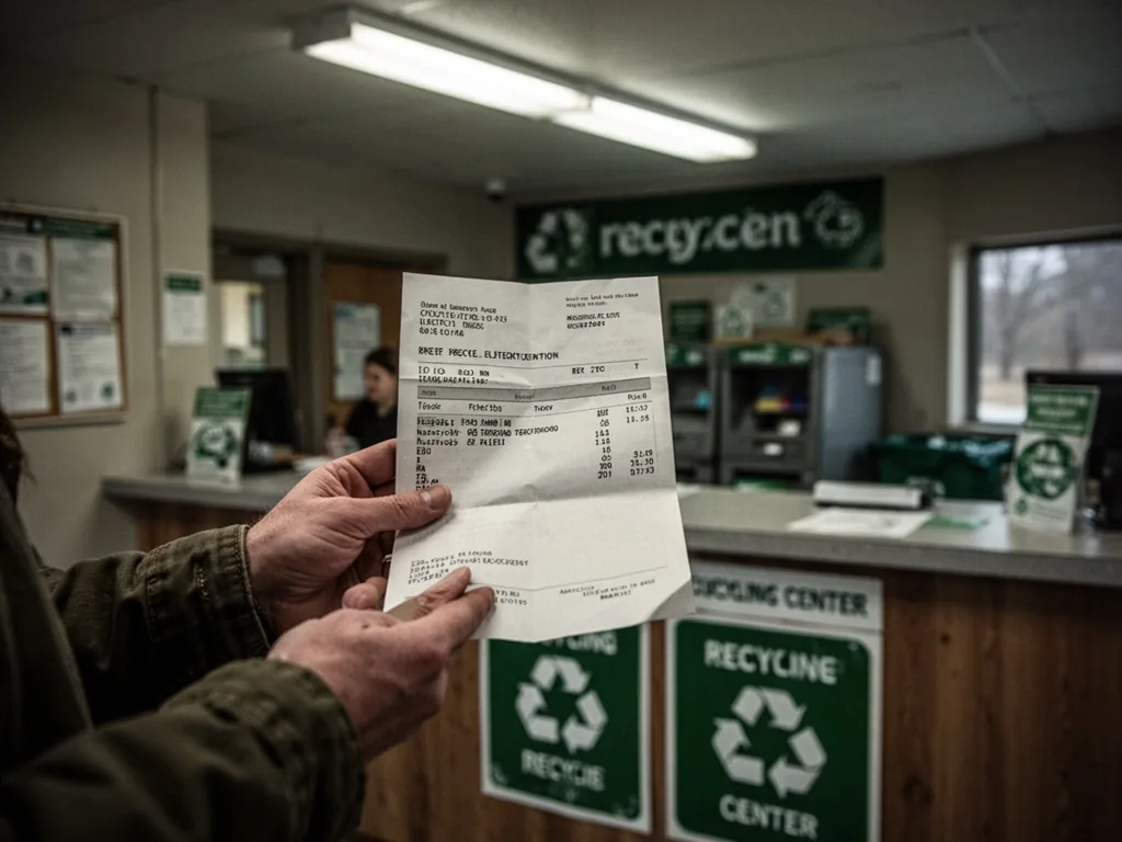 A person's hand holding a folded electricity bill with visible address, in front of a recycling center counter, cool flu