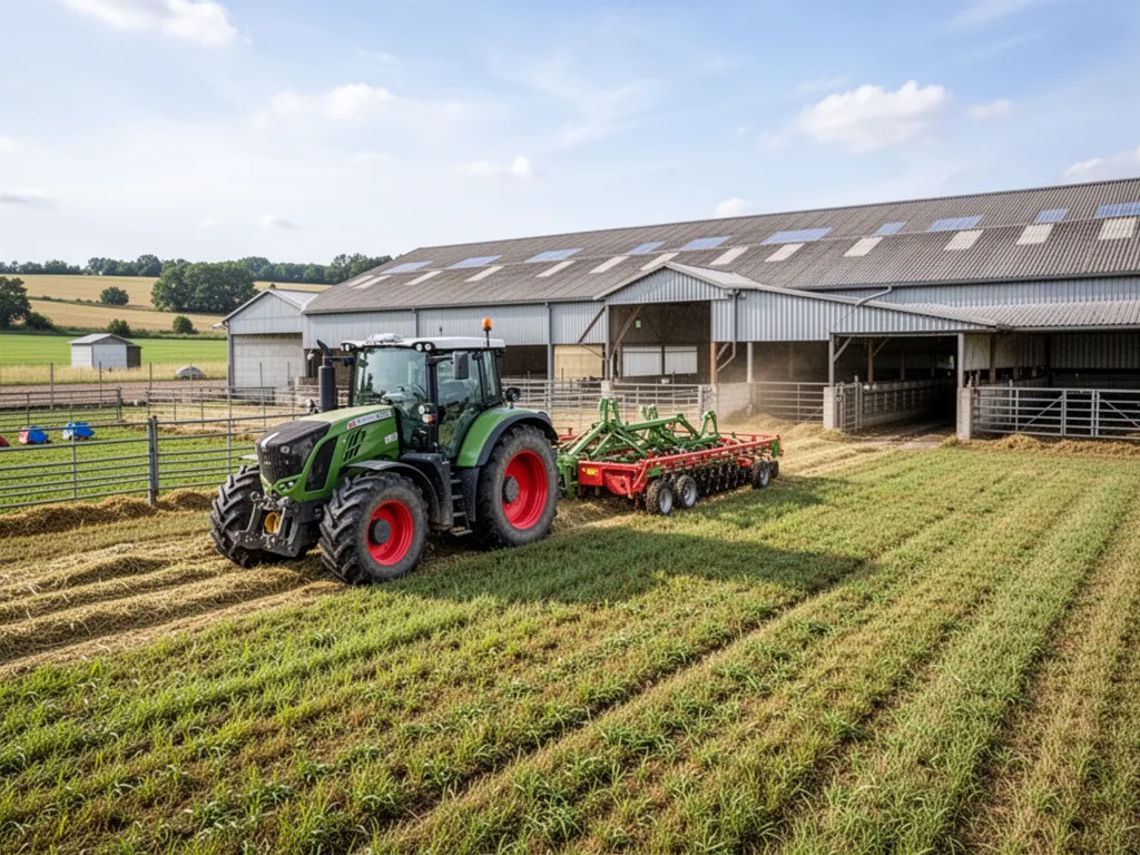 Tracteur ravitaillant une cuve de ferme, opérateur vérifiant le compteur