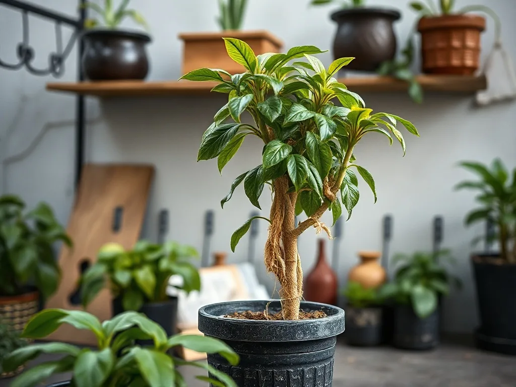 Gros plan sur un ficus ginseng aux racines aériennes noueuses et au feuillage dense dans un pot en céramique