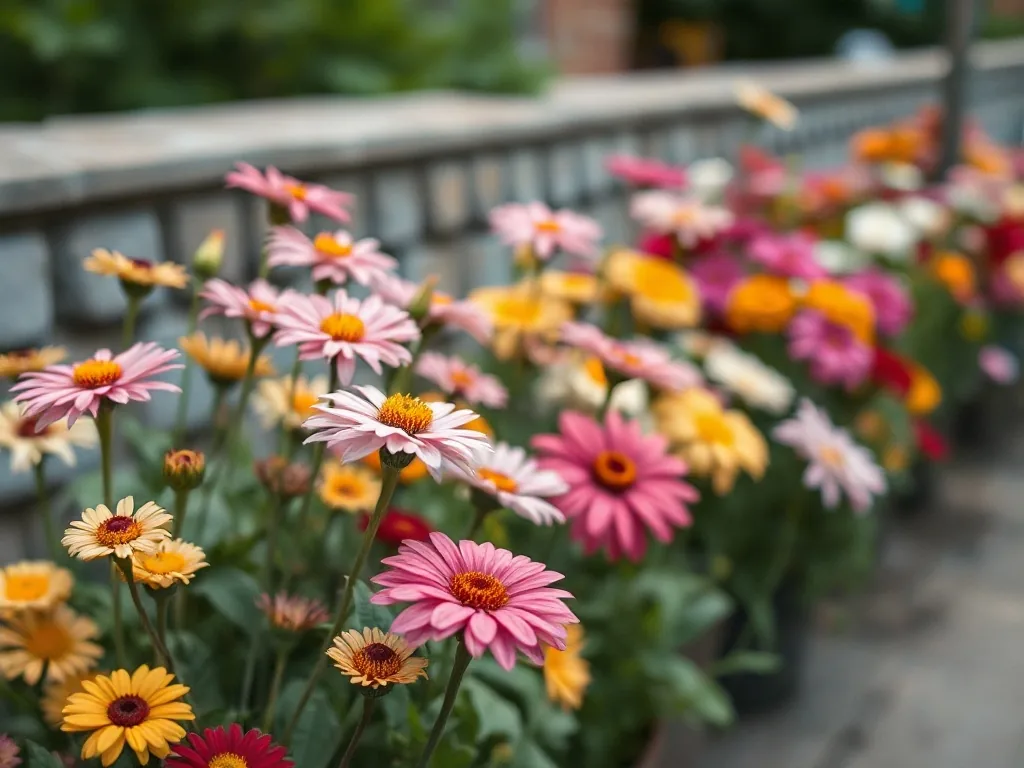 Massif de fleurs variées avec achillée, anémone et agapanthe en bordure de jardin