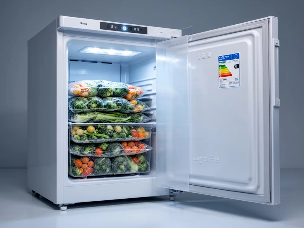 A freezer door half-open revealing neatly stacked frozen vegetables inside, frost-free interior, energy efficiency label