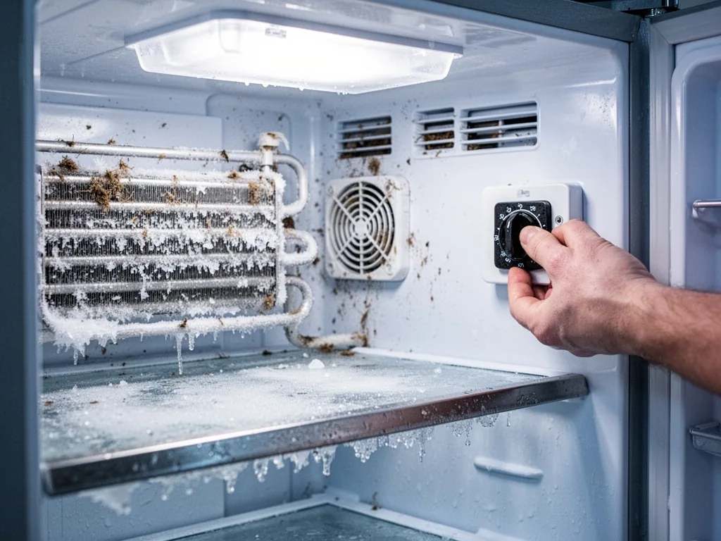 A refrigerator interior: ice-crusted evaporator coil beside a small fan grill, dust on vents, cold white light, a hand t