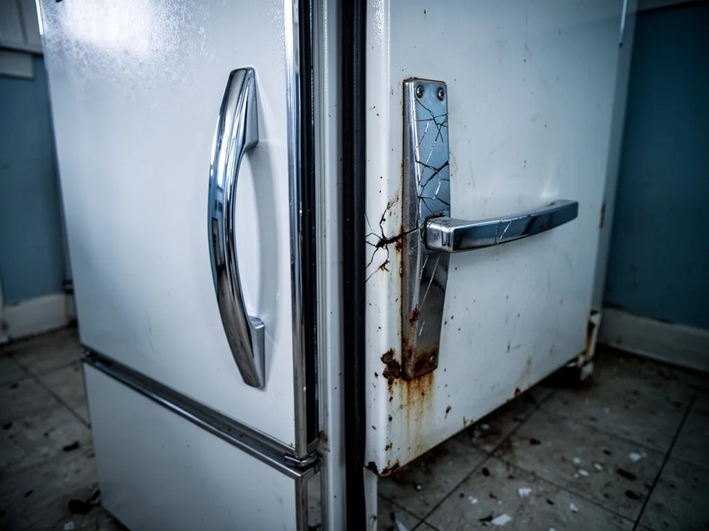 Two refrigerator doors side by side: left door with pristine chrome handle and clean rubber seal, right door with cracke