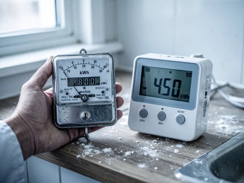 A hand holding a vintage analog electric meter reading 1800 kWh beside a modern digital meter reading 450 kWh, on a dust