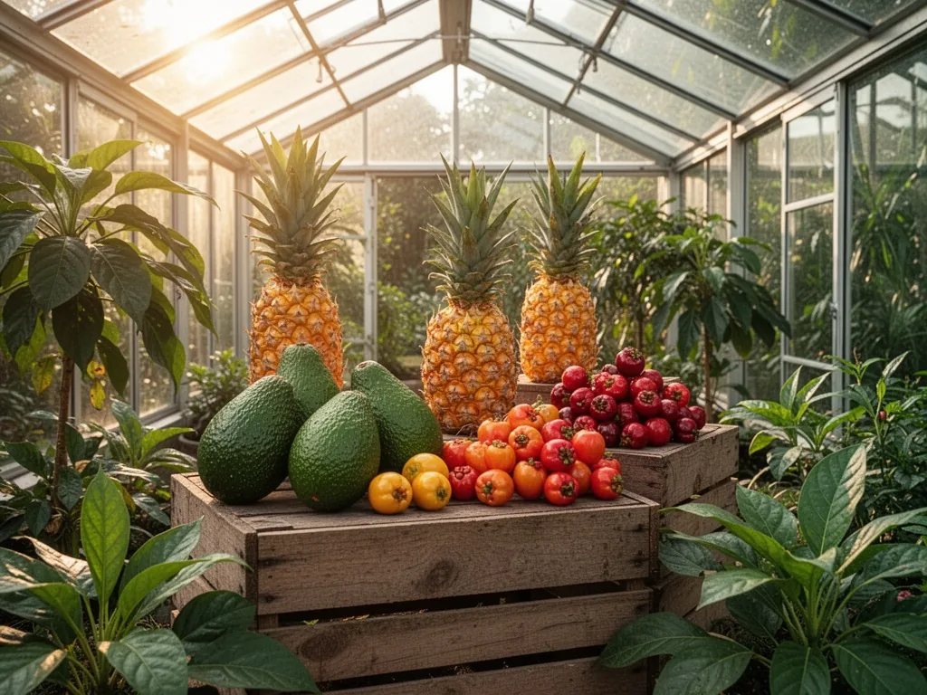 A glass greenhouse interior with avocado, pineapple, and acerola fruits on wooden crates, plants around, warm sunlight f