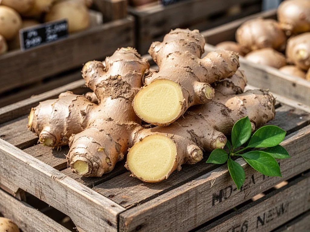 Fresh ginger rhizomes with earthy brown skin and pale yellow cuts arranged on a weathered wooden crate, soft market dayl