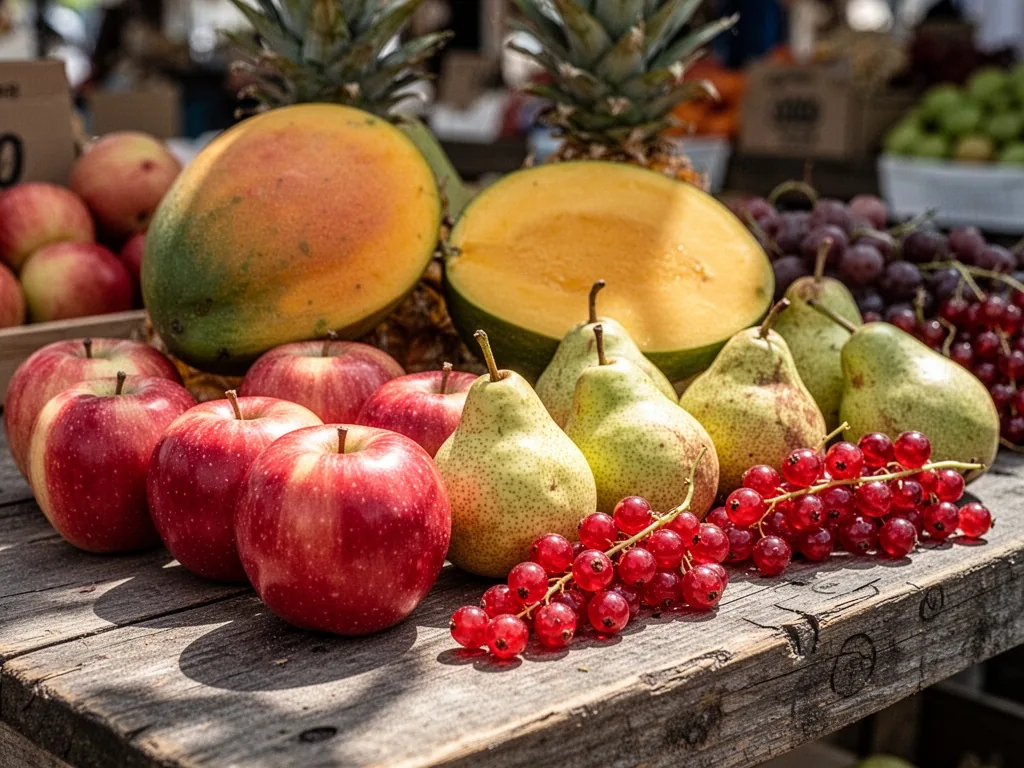 A wooden market table displaying crisp apples, pears, and red currants in the foreground, a halved mango and pineapple b