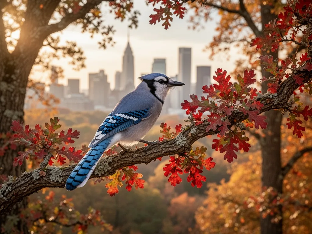 A blue jay perched on a oak branch with red leaves, city skyline blurred in background, soft afternoon sunlight filterin