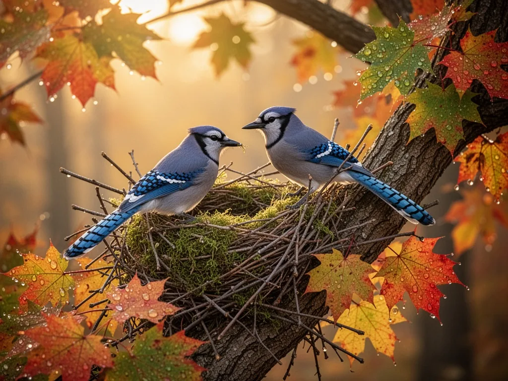 A pair of blue jays gathering twigs and moss for a nest in a maple tree, early morning golden light, dewdrops on leaves