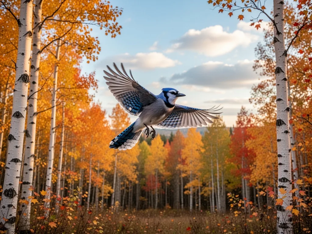 A blue jay in flight over a Canadian forest of birch and maple, wings spread, bright blue feathers, clear sky with soft