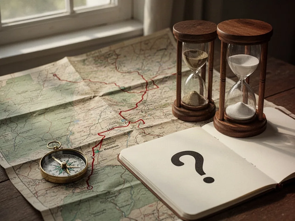 A paper map with a red marked route, a compass and an hourglass half full, open notepad with a single bold question mark