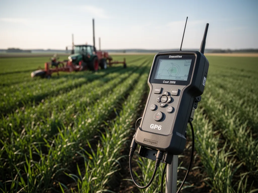 Écran de guidage GPS dans une cabine de tracteur avec carte de parcelle et ligne de trajectoire de semis