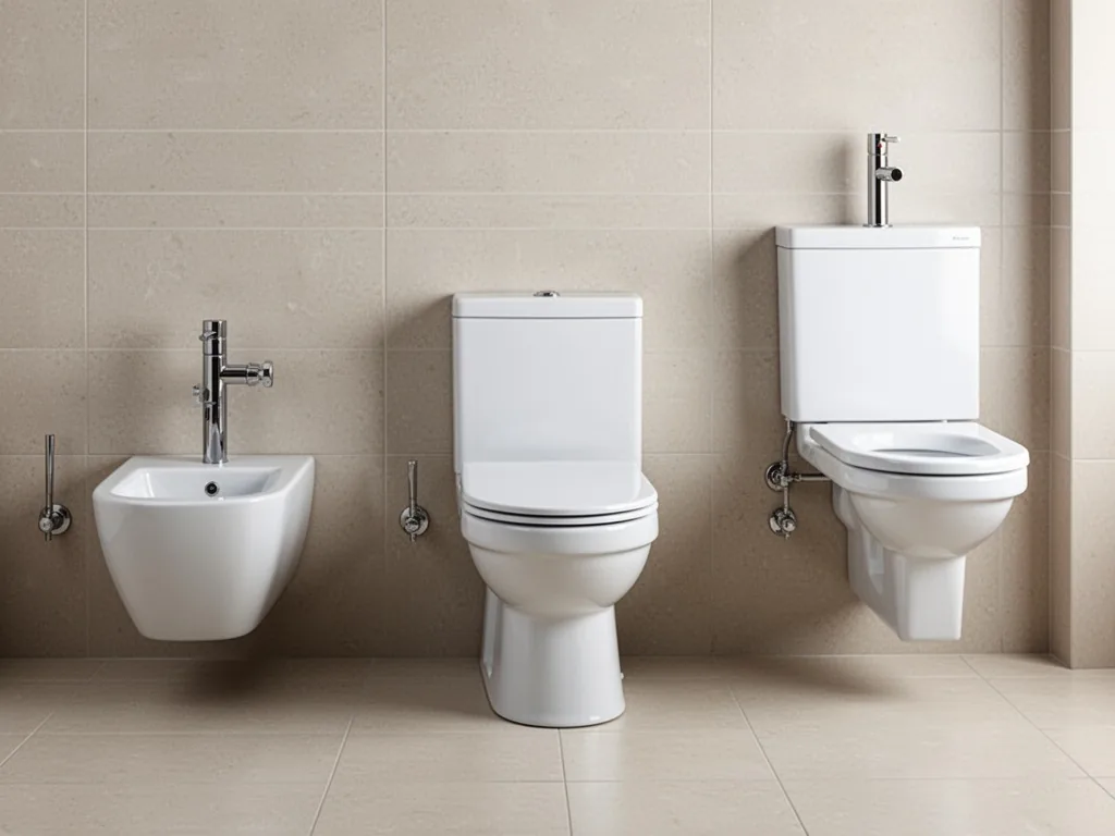 Three toilet bowls side by side: wall-hung, floor-standing, elevated model, each at a different height, white porcelain,