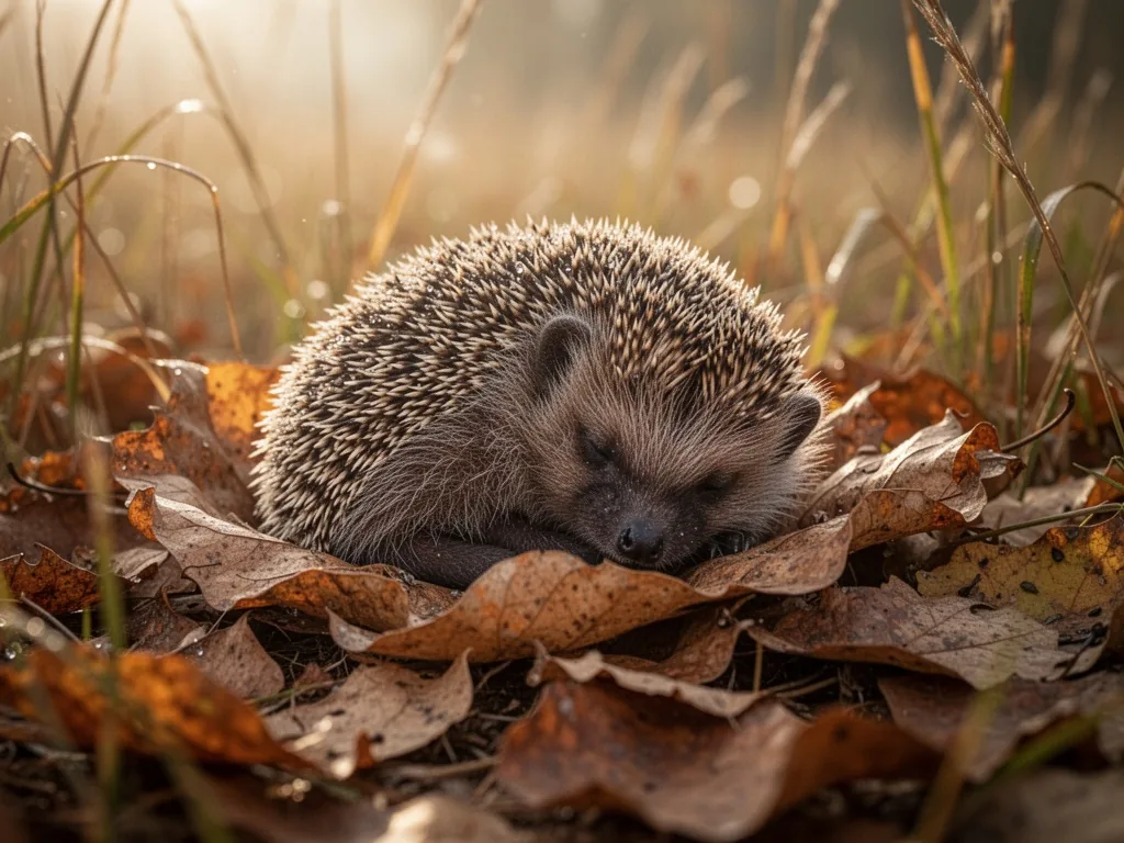 A baby hedgehog curled asleep on a mound of dry autumn leaves, soft morning sunlight filtering through tall grass, warm