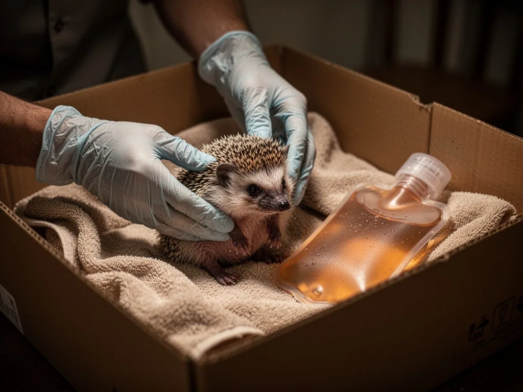 Gloved hands placing a shivering baby hedgehog into a cardboard box lined with soft towel, beside a warm water bottle, d