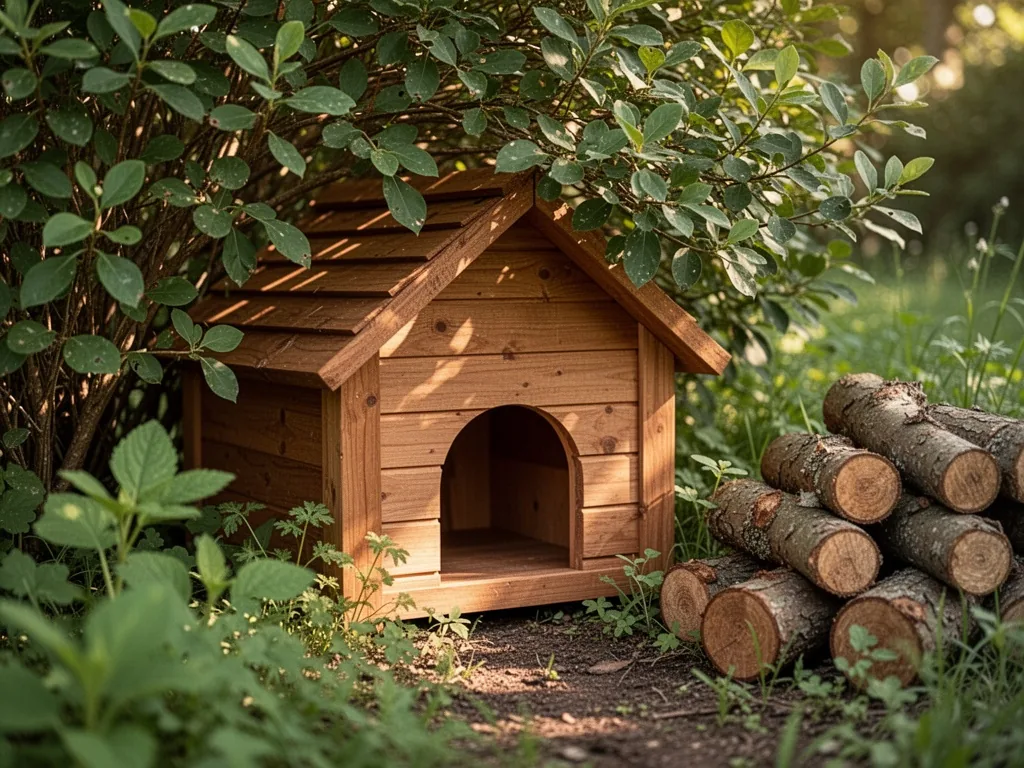 A wooden hedgehog house with a small arched entrance hidden under a leafy bush, surrounded by green plants and a pile of
