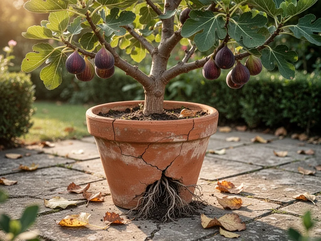 A fig tree in a cracked terracotta pot on a stone patio, ripe purple figs bending branches, roots creeping from drainage