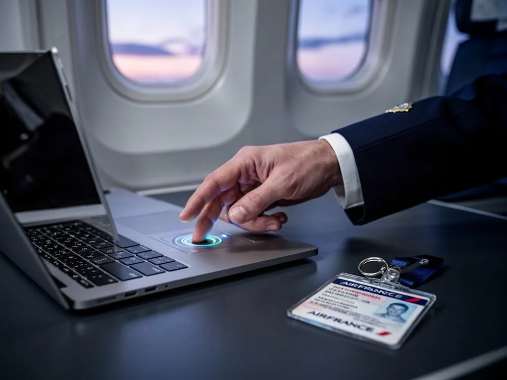 A hand in a navy uniform sleeve tapping a fingerprint sensor on a silver laptop, an Air France ID badge on the dark desk