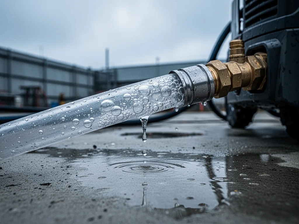 A transparent hose section connected to a pressure washer inlet, trapped air bubbles and dripping water visible, wet con