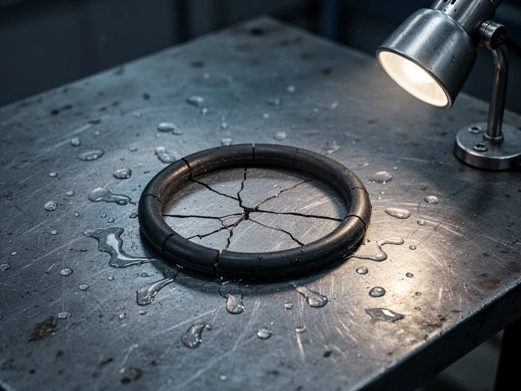 A cracked black rubber O-ring on a scratched metal surface, water droplets scattered around, single side lamp illuminati