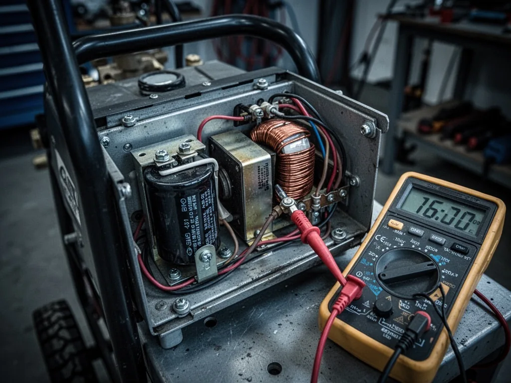 An open electrical panel of a pressure washer, capacitor and coil visible, multimeter probe touching a wire terminal, di
