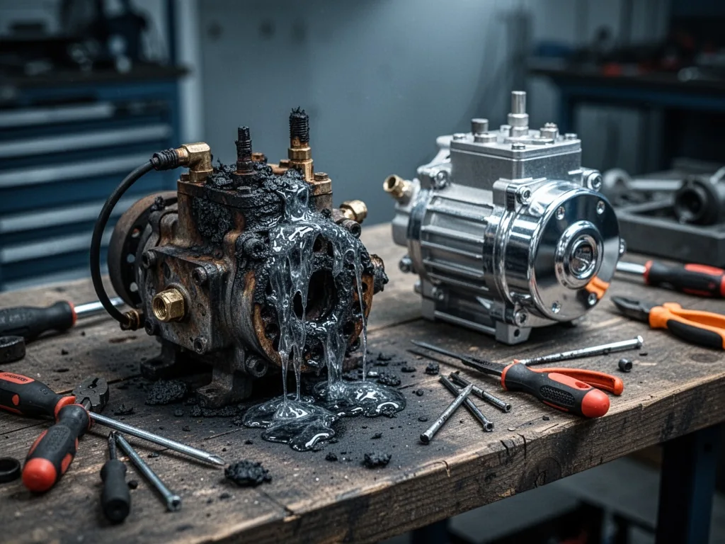 A burnt pressure washer pump with melted plastic on a wooden workbench, a shiny new pump beside it, scattered screwdrive