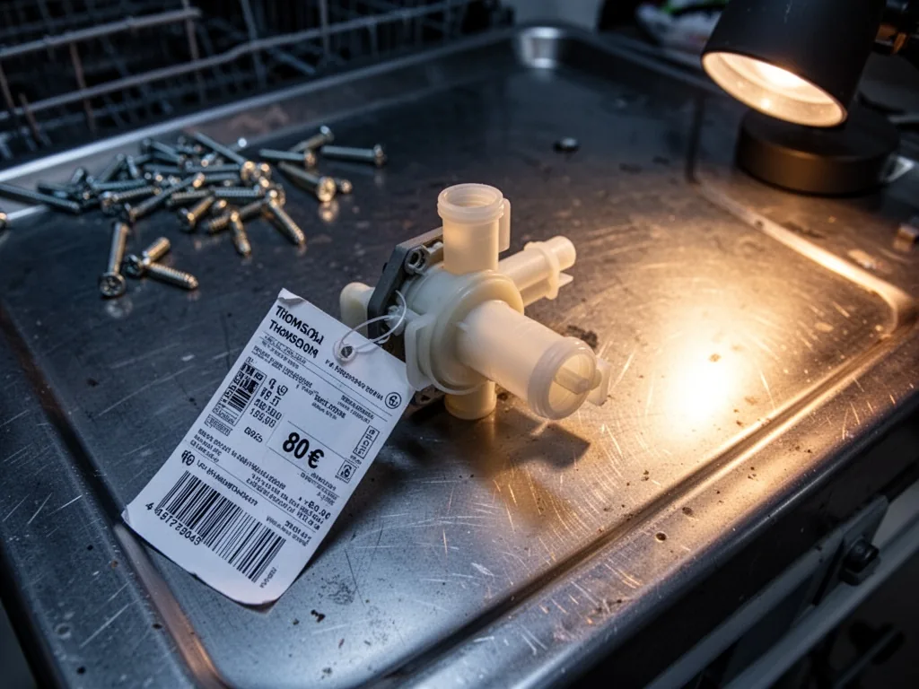 A price tag of 80€ attached to a plastic water inlet valve for a Thomson dishwasher, resting on a metal workbench with s