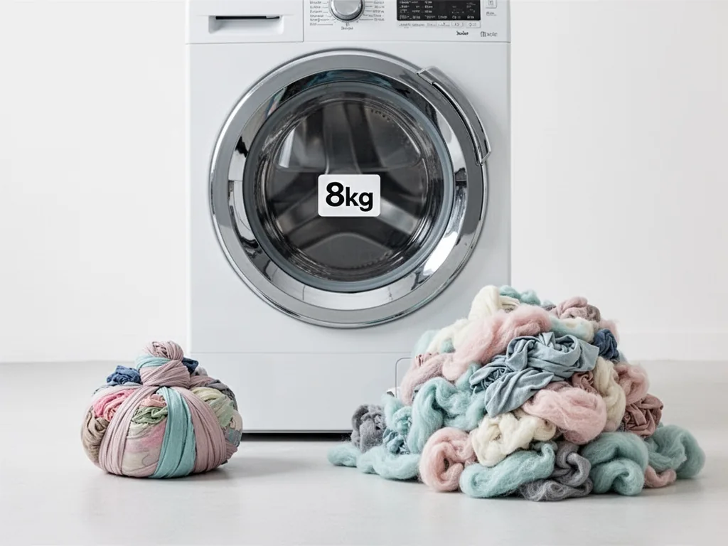 A washing machine drum with a single '8kg' label on its glass door, two contrasting laundry piles - a small tight bundle