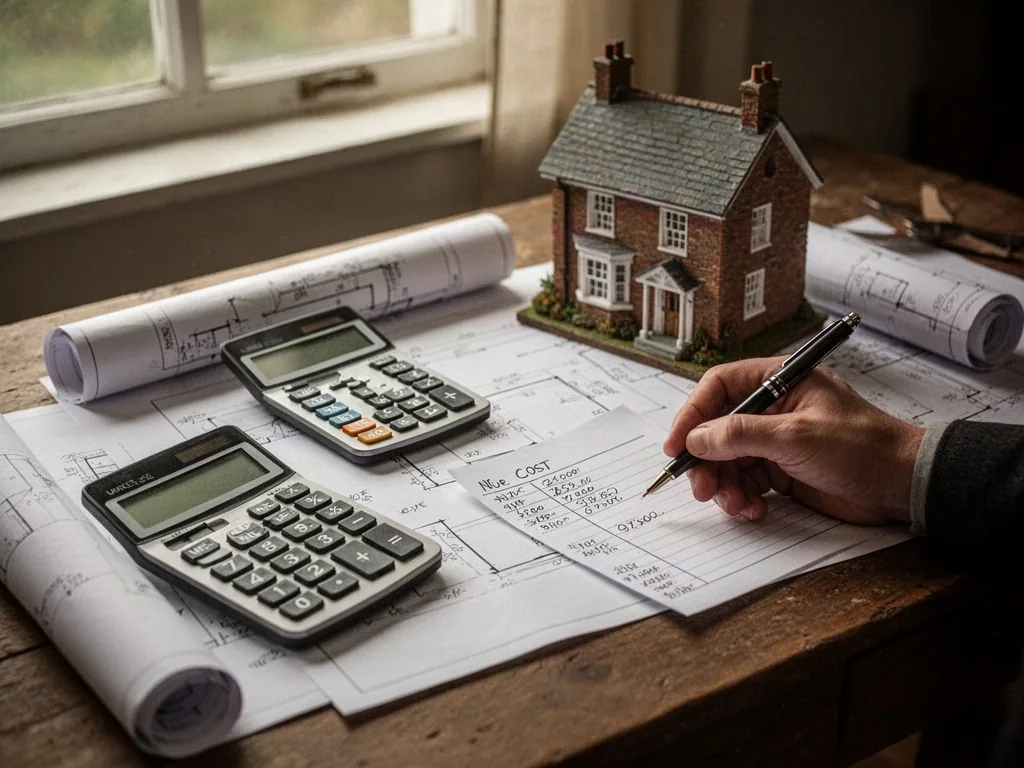 A wooden desk with architectural blueprints, a calculator, and a small model manor house, a hand holding a pen over cost