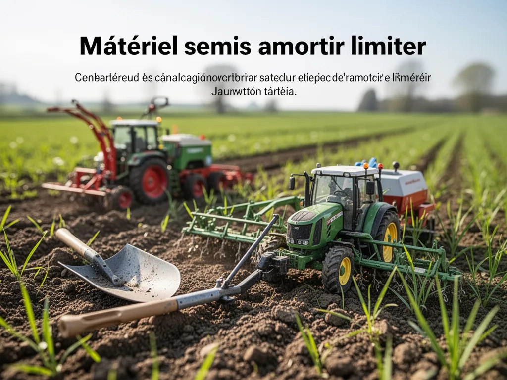 Semoir pneumatique attelé à un tracteur sur une parcelle préparée, vue de trois rangs semés