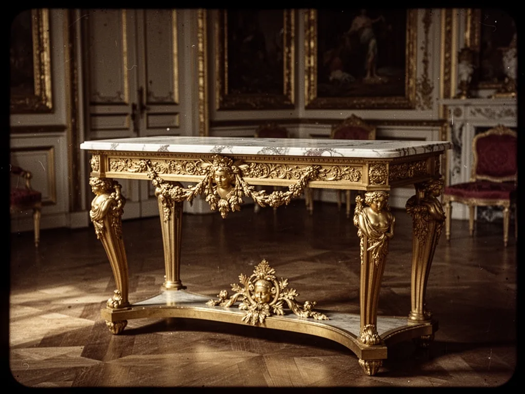 A neoclassical gilded console table with marble top and intricate ormolu mounts, photographed in a dimly lit palace room