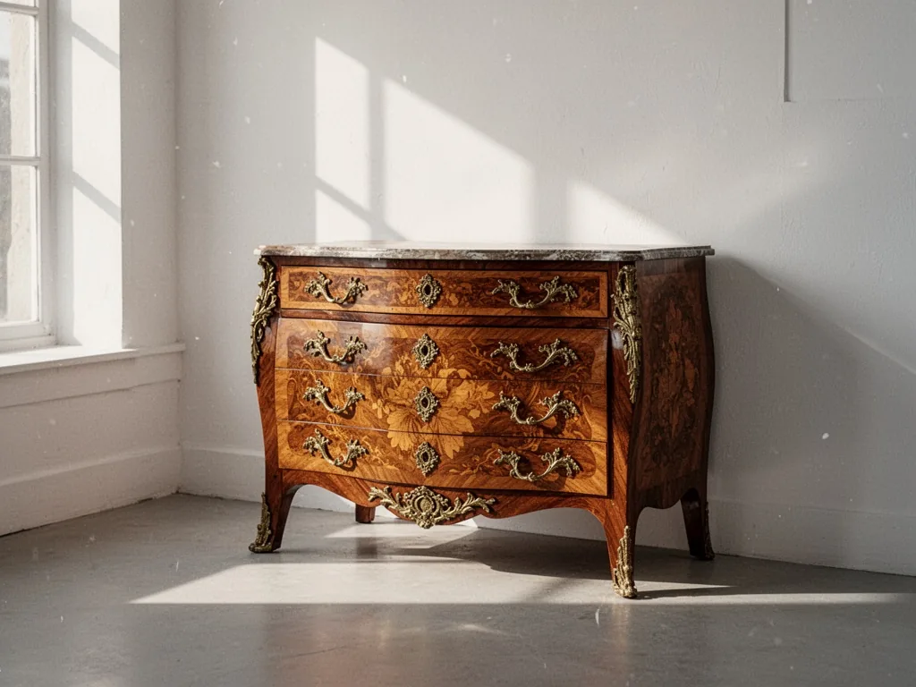 A French marquetry commode with brass details placed in a contemporary white minimalist room, soft afternoon light casti