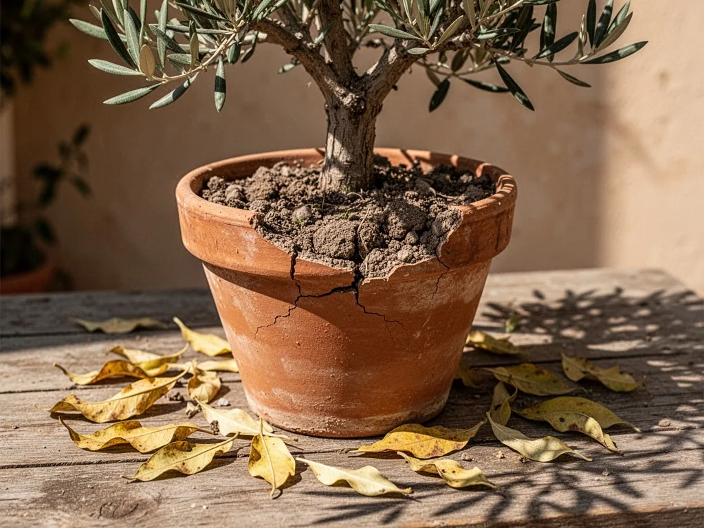 A potted olive tree in a cracked terracotta pot, dry soil pulling away from the rim, yellowing and falling leaves scatte