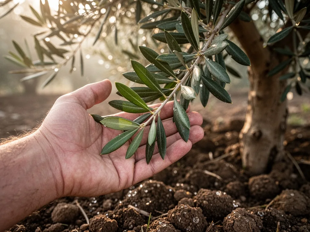 A hand gently cupping a cluster of fresh green olive leaves on a healthy branch, soft morning light filtering through th