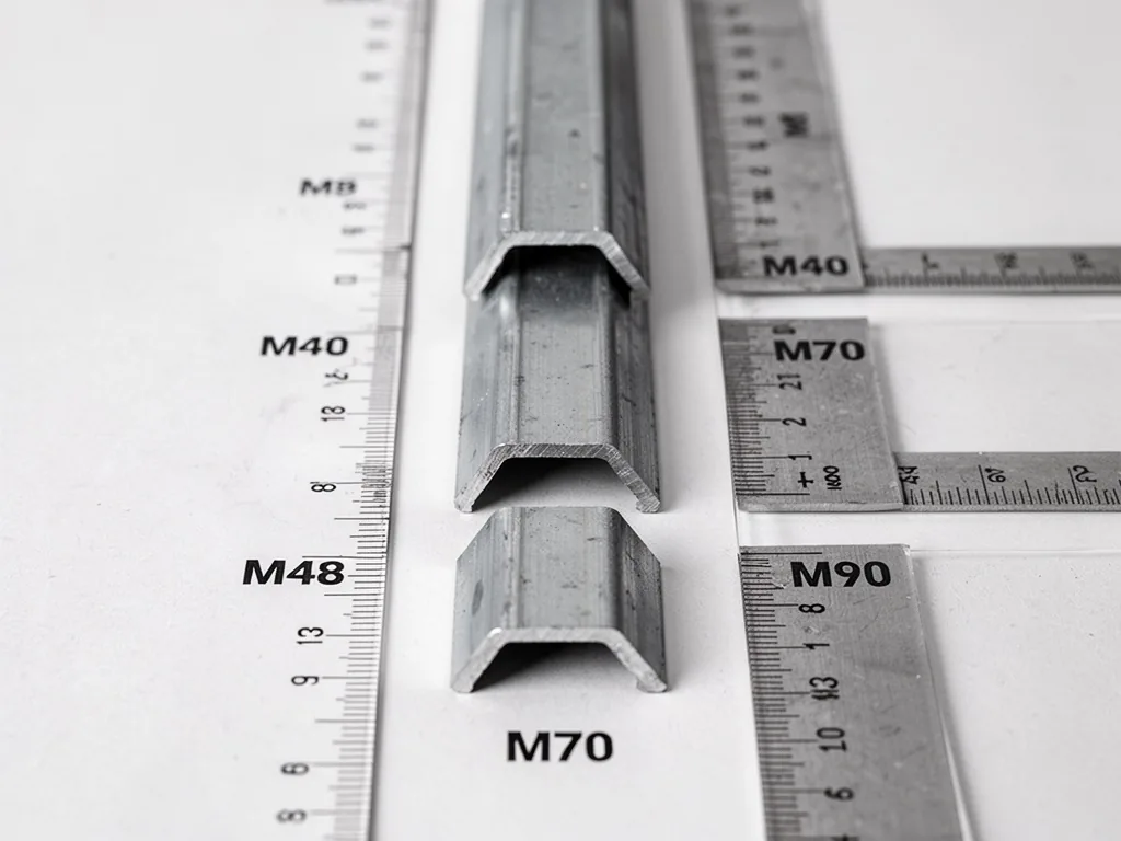 Three metal stud profiles of increasing width M48 M70 M90 aligned vertically on a white surface with a ruler beside each