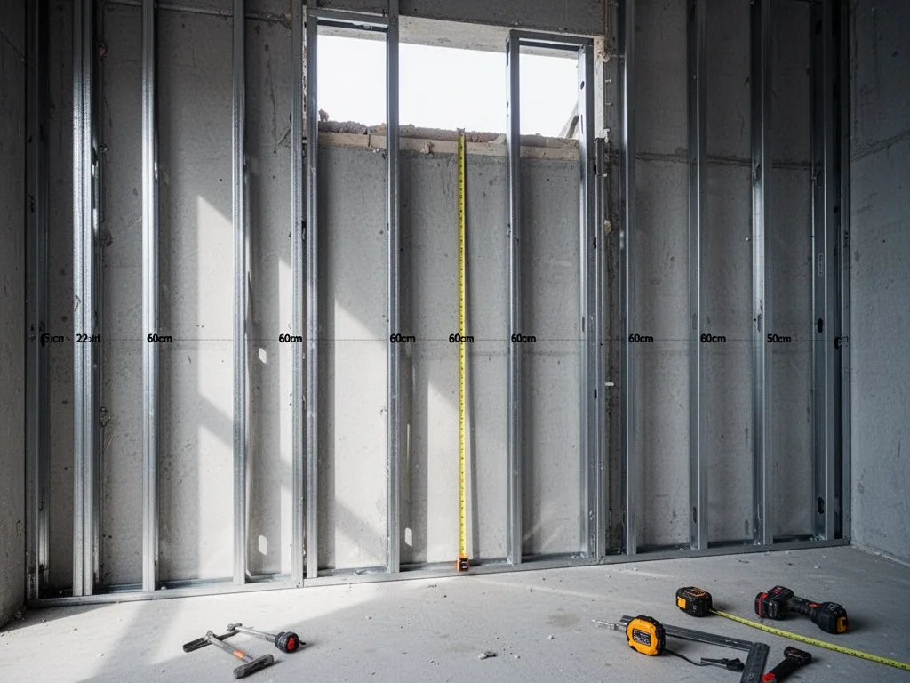 A partially installed metal stud wall with a gap at the top for head clearance, tape measure indicating 60cm spacing bet