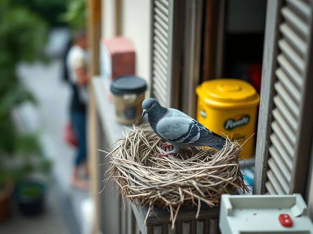 Nid de pigeon avec deux œufs posé sur le rebord d’un balcon en ville, entouré de brindilles